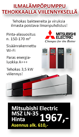 Ilmalämpöpumppu Mitsubishi Electric MSZ-LN35 huikeilla ominaisuuksilla lämmitykseen ja viilennykseen. Hinta asennettuna alk. 2575 €