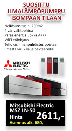 Huippu tarjous! Ilmalämpöpumppu Mitsubishi Electric LN50. Hinta 2611€, asennus alk. 680€. 3 vuoden täystakuu ja 5 vuoden kompressoritakuu