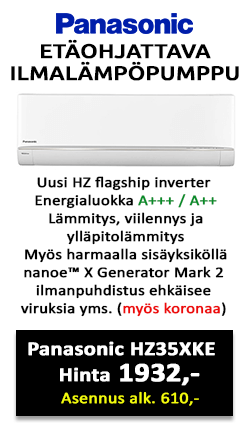 Ilmalämpöpumppu Panasonic H35 XKE, tehokkaalla nanoe™ X Generator Mark 2 ilmanpuhdistuksella joka estää viruksia, bakteereita yms epäpuhtauksia ja myös koronaa. Hinta 1932€ .