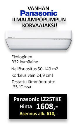 Panasonic LZ25TKE ilmalämpöpumpussa on erittäin matala sisäyksikkö joten se on helppo asentaa esim. oven yläpuolelle. Panasonic LZ25 Ilmalämpöpumpun hinta 1608€, ilmalämpöpumpun asennus alk. 610€