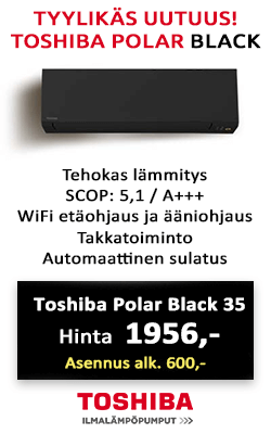 Uusi tyylikkäällä mustalla sisäyksiköllä varustettu Toshiba Polar Black 35 ilmalämpöpumppu energiatehokkaaseen lämmitykseen ja viilennykseen! Hinta 1956 €