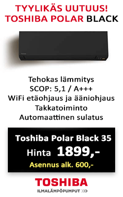 Uusi tyylikkäällä mustalla sisäyksiköllä varustettu Toshiba Polar Black 35 ilmalämpöpumppu energiatehokkaaseen lämmitykseen ja viilennykseen! Hinta 1899 €
