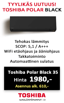 Uusi tyylikkäällä mustalla sisäyksiköllä varustettu Toshiba Polar Black 35 ilmalämpöpumppu energiatehokkaaseen lämmitykseen ja viilennykseen! Hinta 1980 €