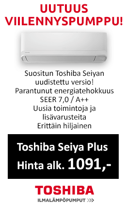 Uusi Toshiba Seiya Plus ilmalämpöpumppu viilennykseen, hinta alk. 1091€, asennettuna alk. 1691€