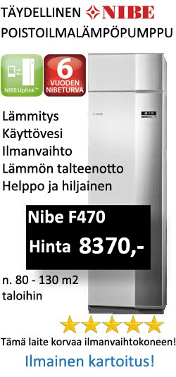 Täydellinen Nibe F470 poistoilmalämpöpumppu. Lämmitys,käyttövesi,ilmanvaihto,lämmön talteenotto. n. 80-130 neliön taloihin. Korvaa ilmanvaihtokoneen. Hinta 9190€.