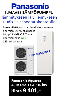 Edullinen Panasonic Aquarea All in One T-CAP 16 kW ilmavesilämpöpumppu öljylämmityksen korvaajaksi kokonaan tai osittain