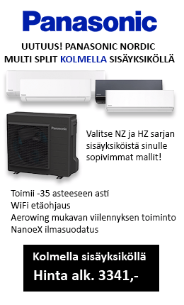 Ilmalämpöpumppu Panasonic Multi-Split Power Heat kolmella sisäyksiköllä erillisten tilojen lämmitykseen ja viilennykseen. Hinta alk. 3341 € 