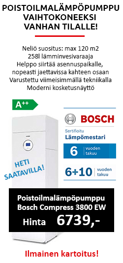 Bosch Compress 3800 EW poistoilmalämpöpumppu vaihtokoneeksi vanhan tilalle, lämpömesteritakuu 6+10 vuotta!