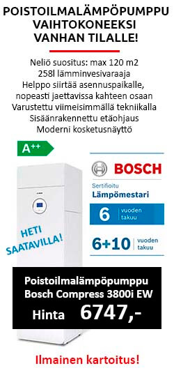 Bosch Compress 3800i EW poistoilmalämpöpumppu vaihtokoneeksi vanhan tilalle, lämpömesteritakuu 6+10 vuotta!