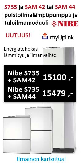 Poistoilmalämpöpumppu Nibe S735 ja Nibe SAM 42 tai SAM 44 tuloilmamoduuli hoitavat rakennuksen lämmityksen ja ilmanvaihdon energiatehokkaasti.