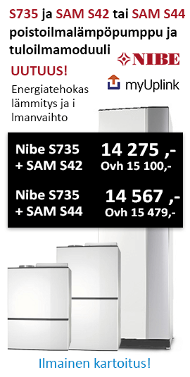 Poistoilmalämpöpumppu Nibe S735 ja Nibe SAM S42 tai SAM S44 tuloilmamoduuli hoitavat rakennuksen lämmityksen ja ilmanvaihdon energiatehokkaasti.