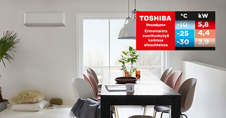 Uusi ilmalämpöpumppu Toshiba Premium+ 25 korvaa suositun Toshiba Premiumin. Paras energialuokka A+++, huikea SCOP 5.3, luotettava jopa -30 pakkasella!