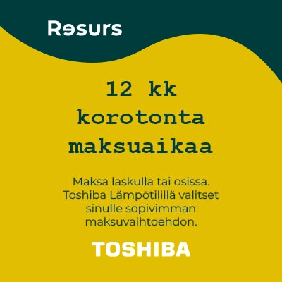 Ostamalla lämpöpumpun Toshiba Lämpötilillä, saat 12 kk korotonta maksuaikaa. Toshiba Lämpötilin luottoraja on 1 500–15 000 euroa.